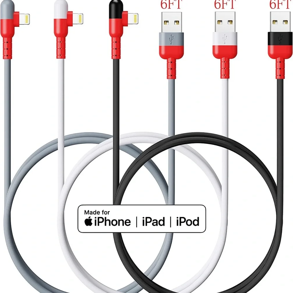 3 Pack 6 ft Colorful Premium iPhone Lightning Cable,90 Degree Charging Cord
